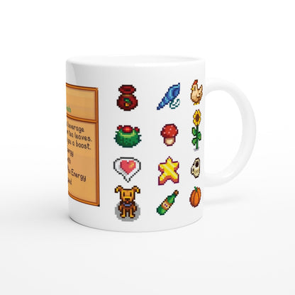 This white mug features a pattern of colourful sprites and beverage cards inspired by Stardew Drinks.