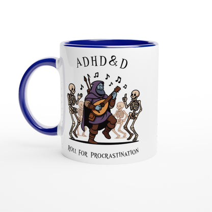 A white mug with a blue interior and handle features an illustration of a D&D bard playing music for dancing skeletons, along with the words "ADHD & D" and "Roll For Procrastination.