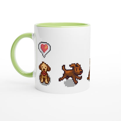 A white mug features pixel art of dogs from Stardew Valley, including a heart icon above them.