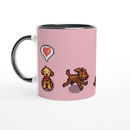 A white mug displays pixel art of two dogs from Stardew Valley alongside a heart icon.