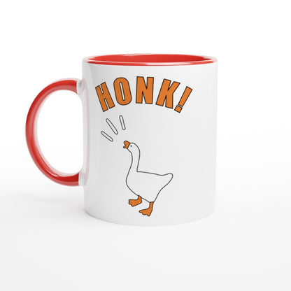 Mug with 'Honk!' text and Untitled Goose Game illustration on a white background