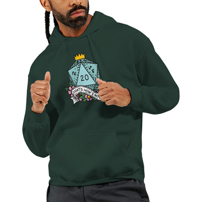 A man wearing a dark green D&D hoodie displays a graphic of a D20 die with the phrase "That's How I Roll" and a crown above it.