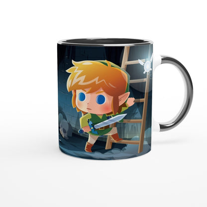 A ceramic mug depicts a chibi Link from The Legend of Zelda: Breath of the Wild and Tears of the Kingdom standing in a dungeon with a fairy nearby.