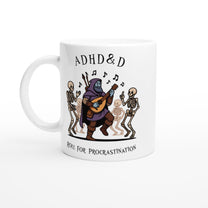 A white mug displays a cartoon illustration of a D&D bard playing music for dancing skeletons, with the words "ADHD & D" and "Roll For Procrastination" printed on it.
