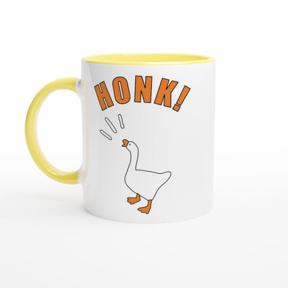 Mug with 'Honk!' text and Untitled Goose Game illustration on a white background