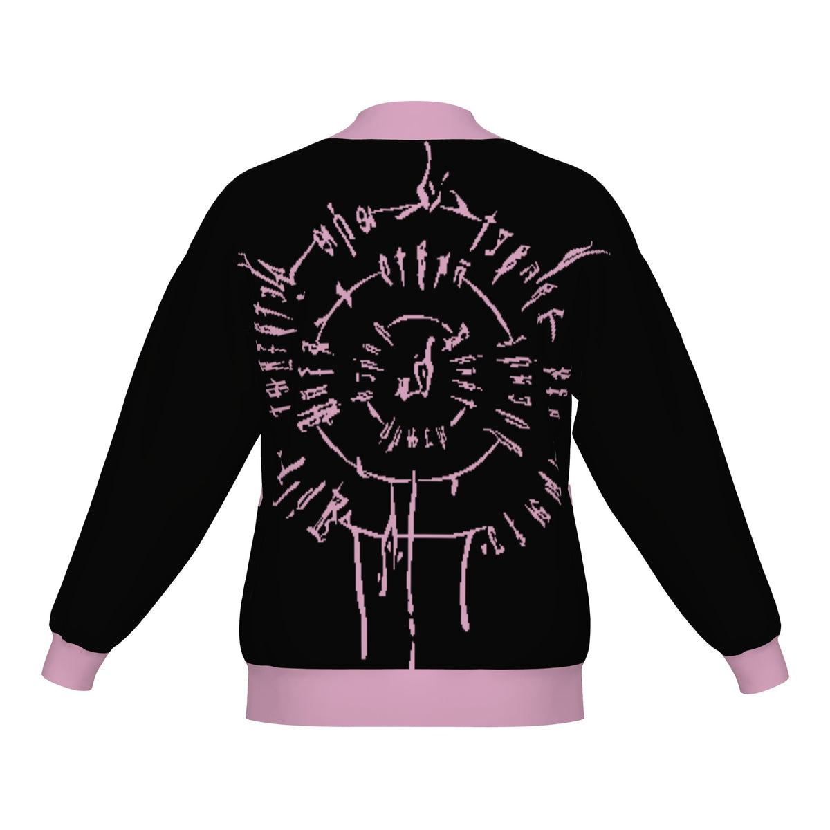 Back of the BG3 Astarion inspired infernal runes knitted bomber jacket in black with lilac trim and lilac runes