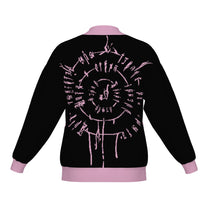 Back of the BG3 Astarion inspired infernal runes knitted bomber jacket in black with lilac trim and lilac runes