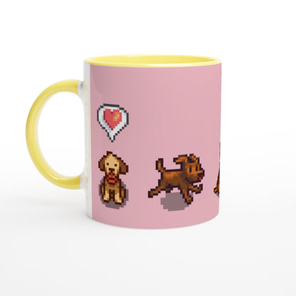 A ceramic mug displays pixel art of two dogs from Stardew Valley alongside a heart emote on a pink background.