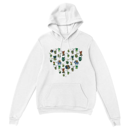 A white hoodie features a heart-shaped pattern of Korok icons from The Legend of Zelda: Tears of the Kingdom and Breath of the Wild.