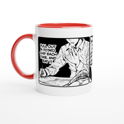 A black and white ceramic mug depicts a scene from the Deathnote manga featuring Light Yagami, with red accents on the handle and rim, showing him pulling a potato chip from a bag.