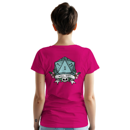 A person wears a pink t-shirt featuring a D&D "Well, Sh*t" graphic of a die and skull design.