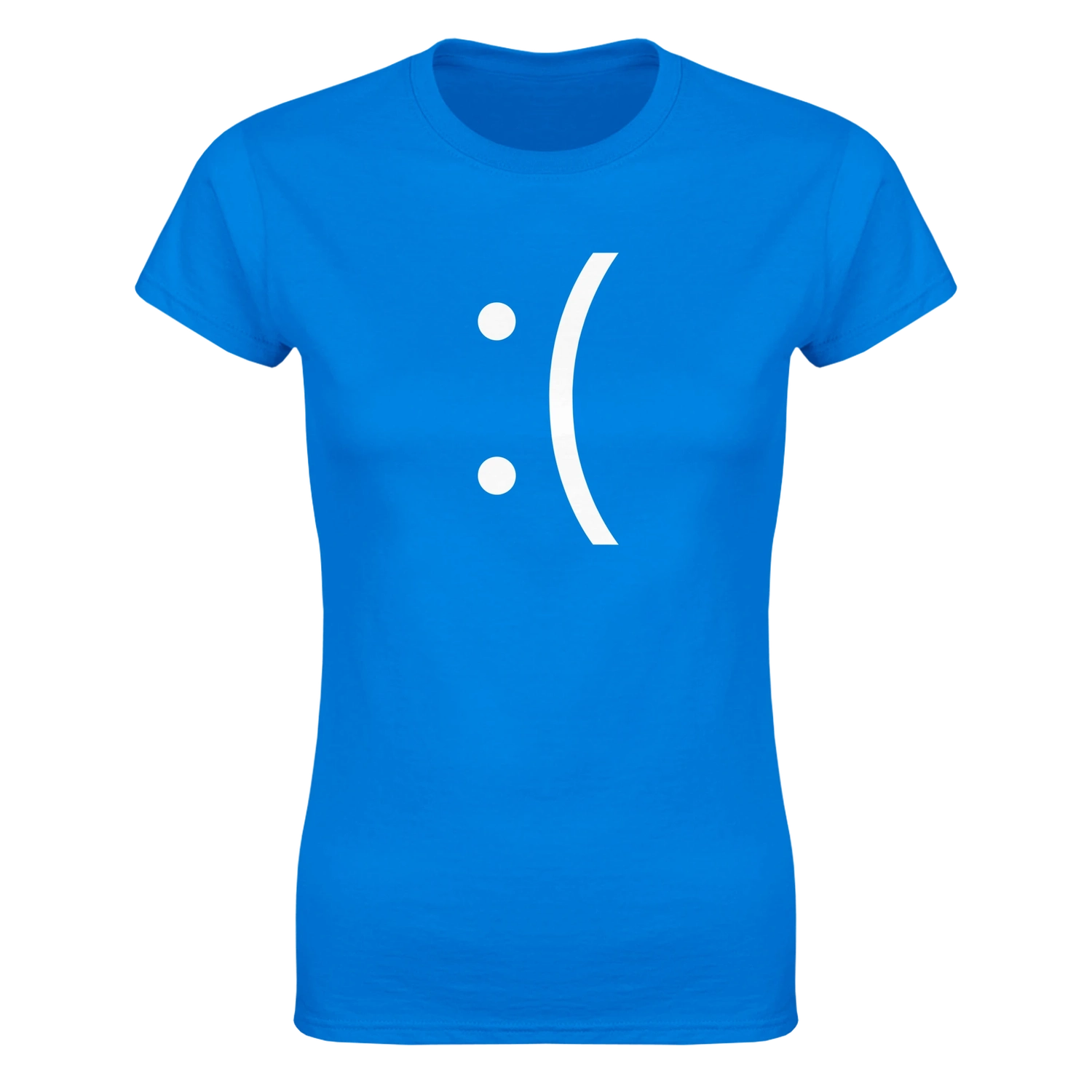 A ladies fit tee displays a white sad face emoticon referencing the Blue Screen of Death error message from classic Windows PCs.