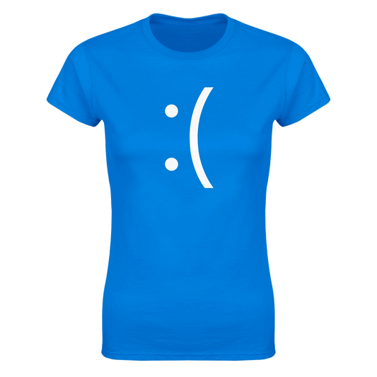 A ladies fit tee displays a white sad face emoticon referencing the Blue Screen of Death error message from classic Windows PCs.