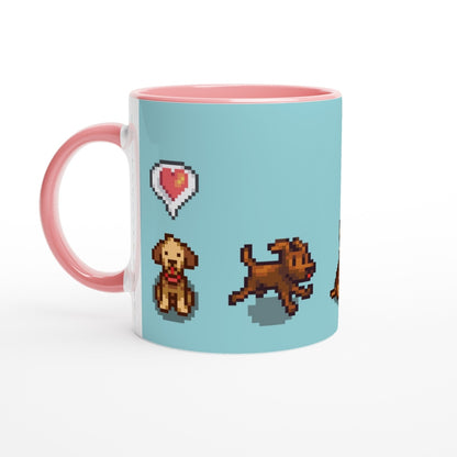 A white mug features pixel art of dogs and a heart from the Stardew Valley video game.
