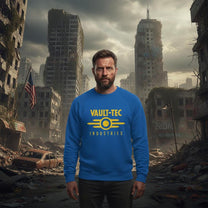 Man wearing a blue 'Vault-Tec Industries' sweatshirt in a post-apocalyptic cityscape.