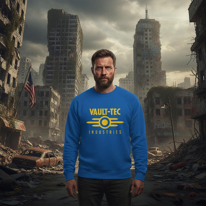 Man wearing a blue 'Vault-Tec Industries' sweatshirt in a post-apocalyptic cityscape.