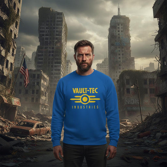 Man wearing a blue 'Vault-Tec Industries' sweatshirt in a post-apocalyptic cityscape.