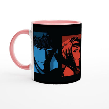 This Cowboy Bebop anime mug features colourful illustrations of two original series characters set within blue and red squares.