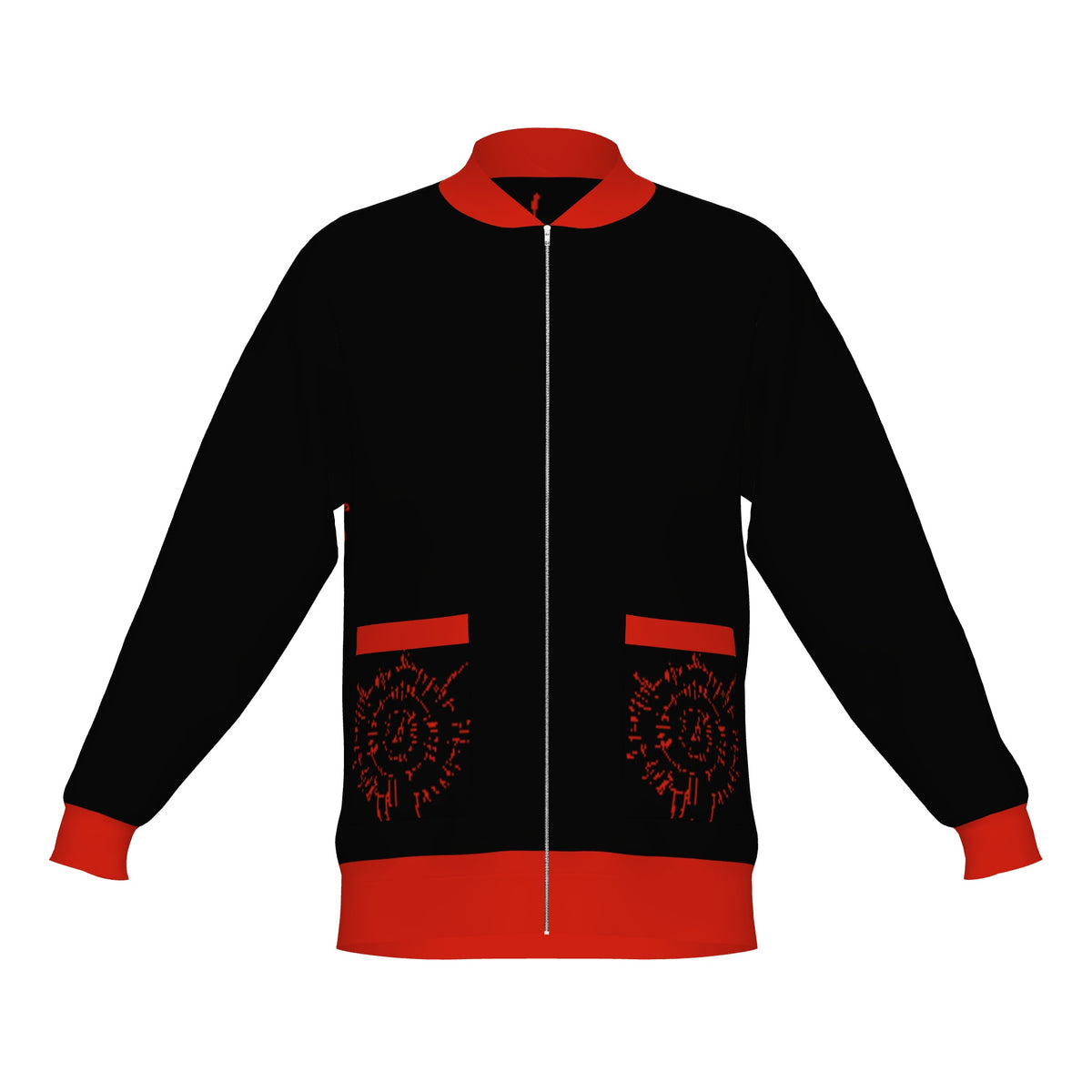 Front of the BG3 Astarion inspired infernal runes knitted bomber jacket in black with red cuffs, collar and pocket trims