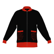 Front of the BG3 Astarion inspired infernal runes knitted bomber jacket in black with red cuffs, collar and pocket trims