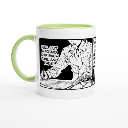 This 11oz ceramic mug features a black and white illustration from the Deathnote manga depicting Light Yagami, also known as Raito, pulling a potato chip from a bag.