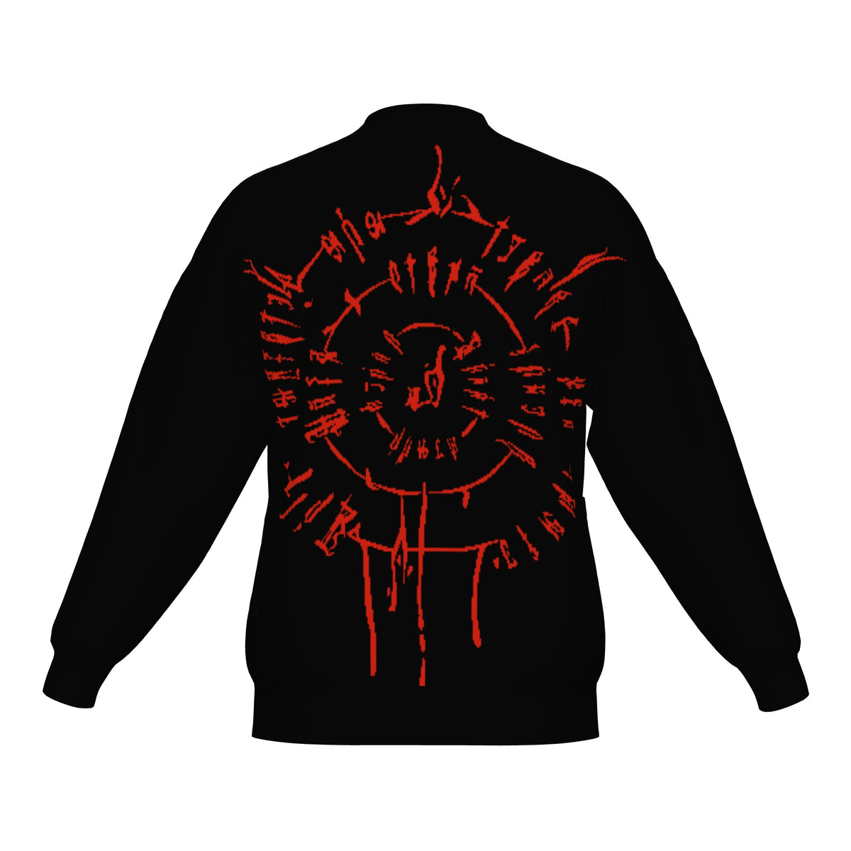 Back of the BG3 Astarion inspired infernal runes knitted bomber jacket in black with red infernal runes