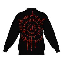 Back of the BG3 Astarion inspired infernal runes knitted bomber jacket in black with red infernal runes