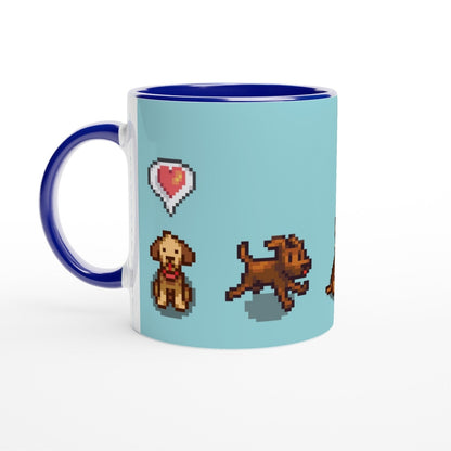A blue mug displays pixel art of three dogs from Stardew Valley alongside a heart emote.