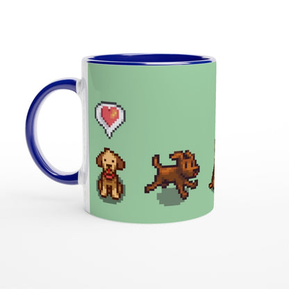 A ceramic mug features pixel art of dogs from Stardew Valley alongside a heart symbol.