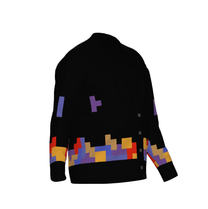 A black knitted cardigan featuring colorful Tetromino game blocks pattern along the bottom hem and sleeves.