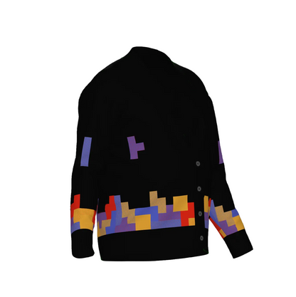 Retro Falling Block Puzzle Knit Cardigan - Tetromino Game on Black Knitted Cardigan