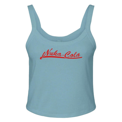 A light blue tank top displays a red "Nuka-Cola" logo referencing the Fallout video game series.