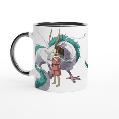 The mug depicts Chihiro embracing Haku, a dragon character from Spirited Away, inspired by Studio Ghibli.