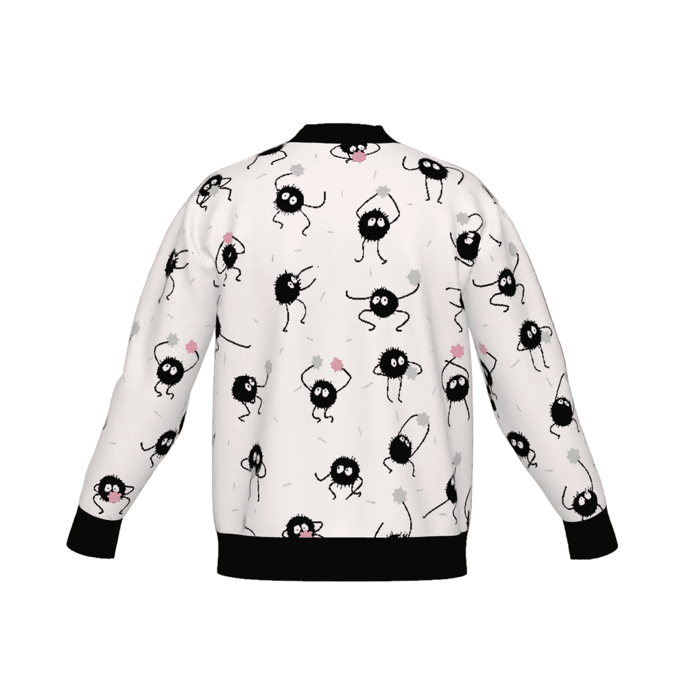 Spirited Away cardigan with Soot Sprites knitted pattern and black trim on a white background