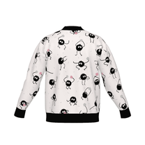 Spirited Away cardigan with Soot Sprites knitted pattern and black trim on a white background