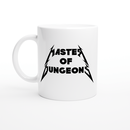 A white mug displays "Masters of Dungeons" in a Metallica-inspired font with lightning bolt accents.