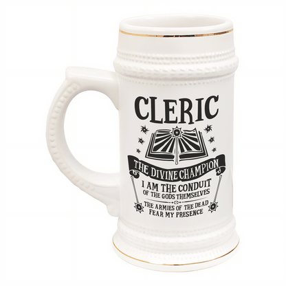 This white ceramic tankard features gold accents and displays "Cleric" along with D&D-inspired text and imagery.