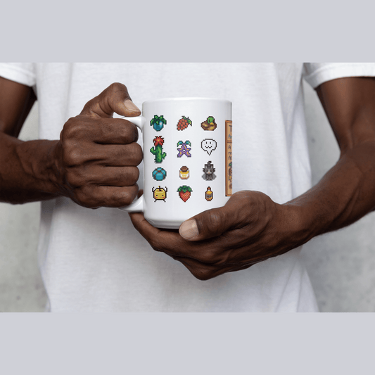 A white mug featuring a colourful pattern of Stardew sprites and beverage icons is held by two hands.