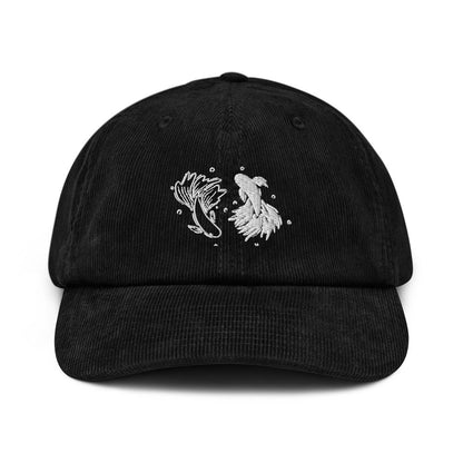 This black corduroy Jujutsu Kaisen baseball cap features embroidered betta fish designs on the front.