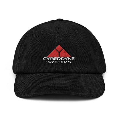 A black corduroy baseball cap features a white and red Cyberdyne Systems logo referencing the Terminator movie.