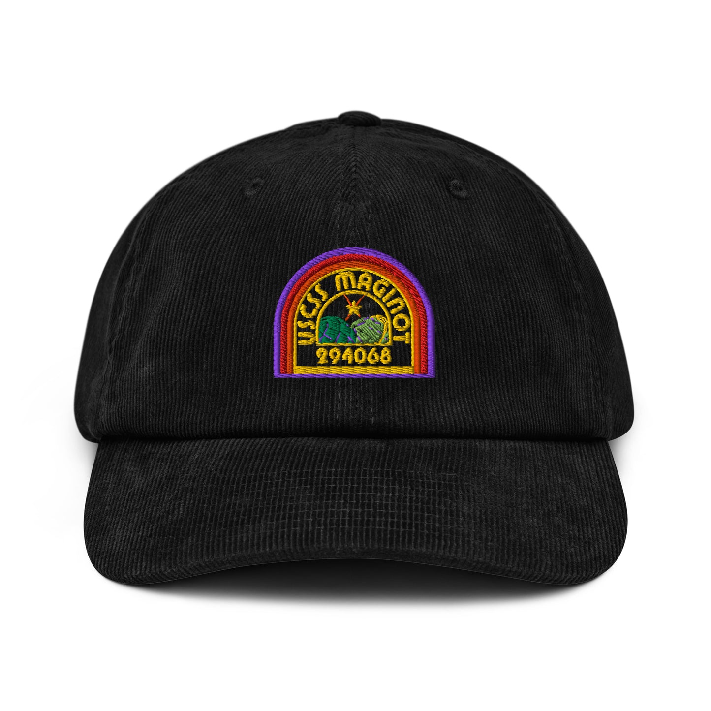 USCSS Maginot colourful embroidered logo corduroy cap on a white background
