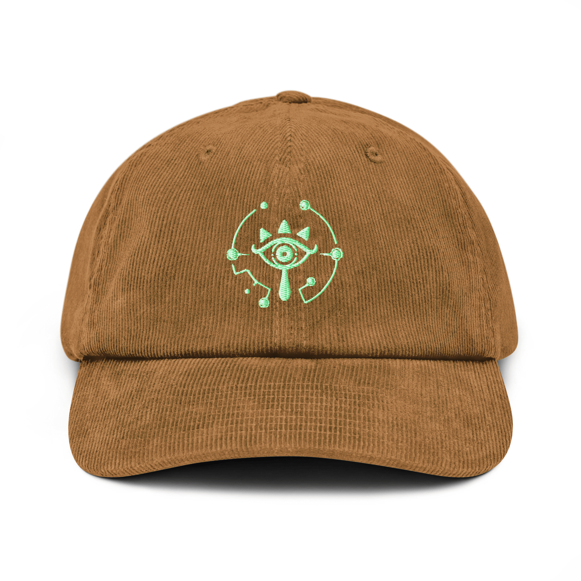 A brown corduroy dad hat features an embroidered Sheikah eye symbol from The Legend of Zelda: Tears of the Kingdom.