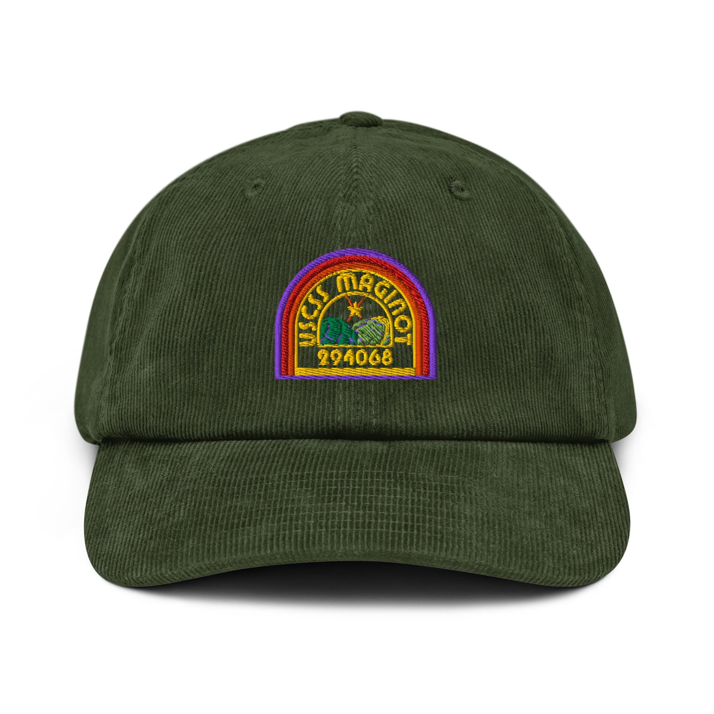 USCSS Maginot colourful embroidered logo corduroy cap on a white background