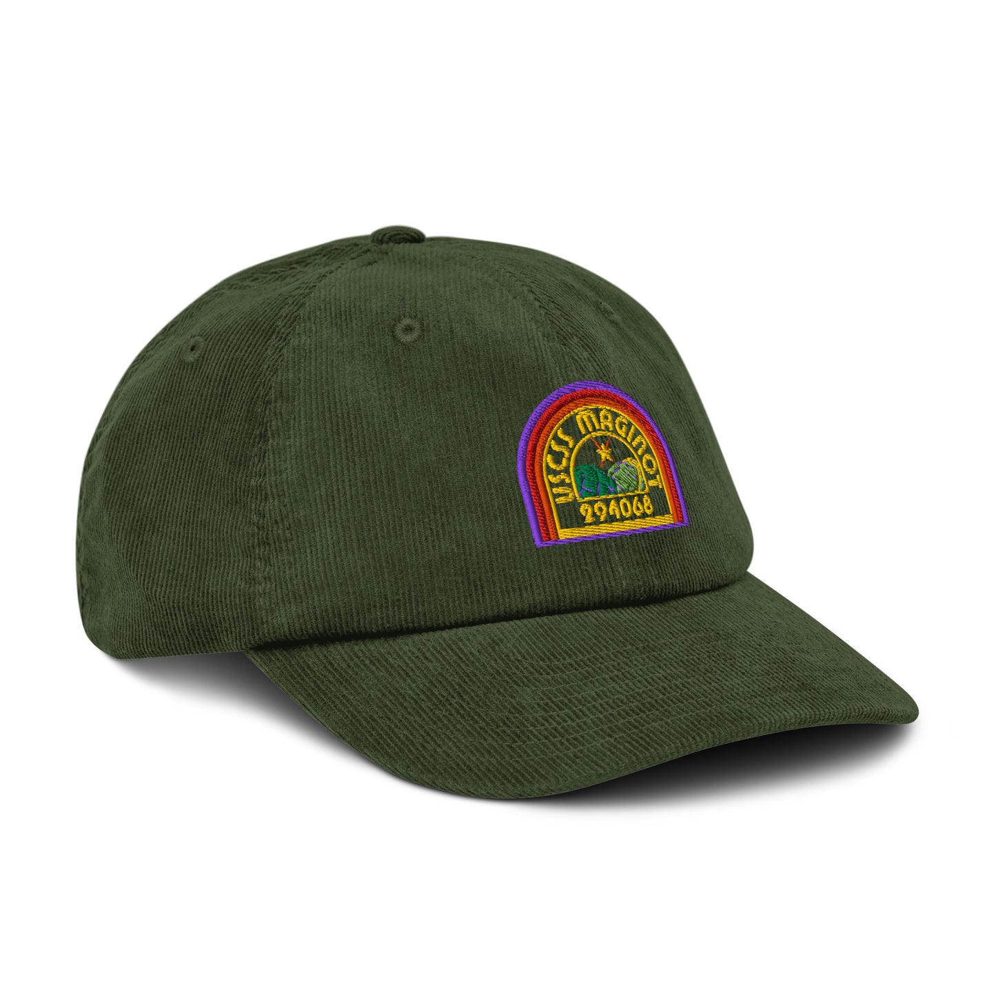 USCSS Maginot colourful embroidered logo corduroy cap on a white background