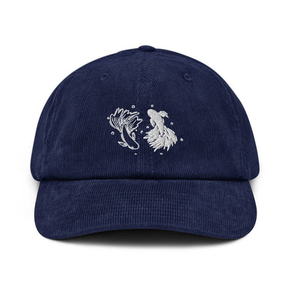 This navy corduroy Jujutsu Kaisen hat features embroidered betta fish designs on the front.