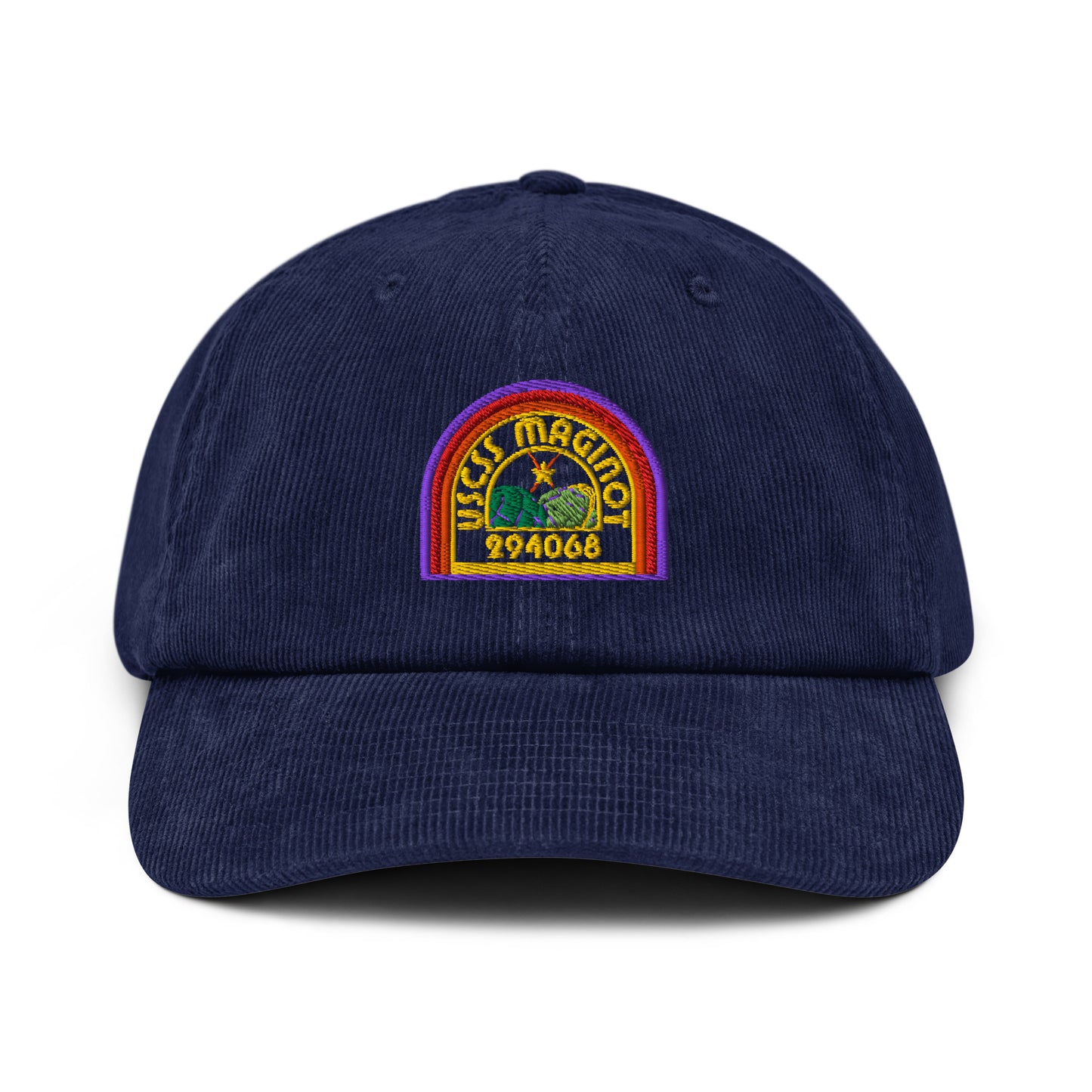 USCSS Maginot colourful embroidered logo corduroy cap on a white background