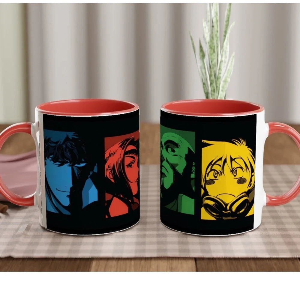 The Cowboy Bebop anime mug features colourful illustrations of four original series characters arranged in a grid pattern.