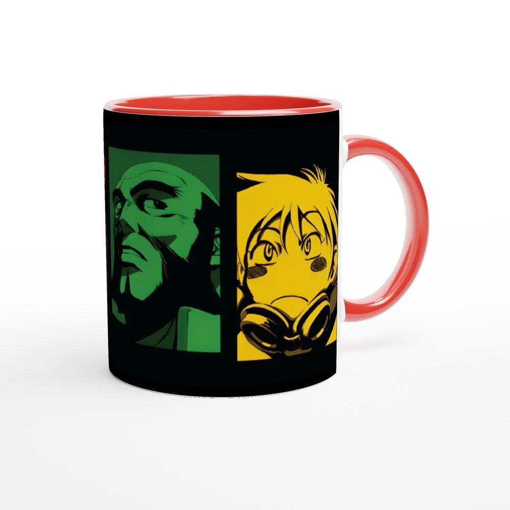 A black Cowboy Bebop anime mug features colourful portraits of two original series characters on its front.