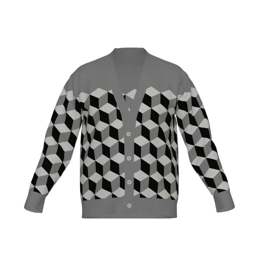 Gray cardigan with black and white geometric pattern on a white background