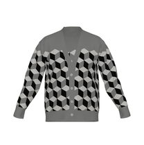 Gray cardigan with black and white geometric pattern on a white background